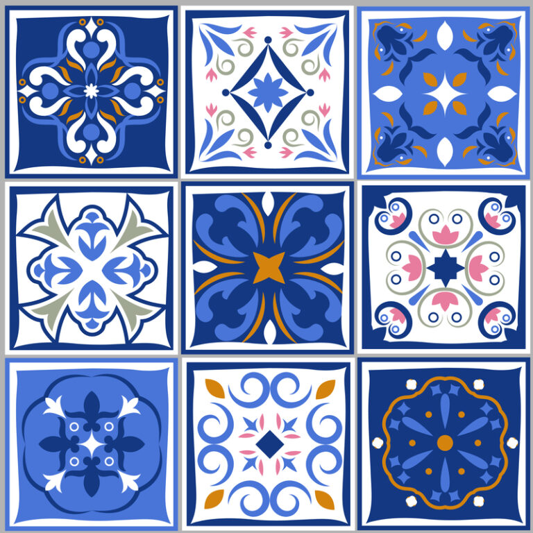 Ceramic tiles vintage patterns. Vector spanish style architecture blue tale set